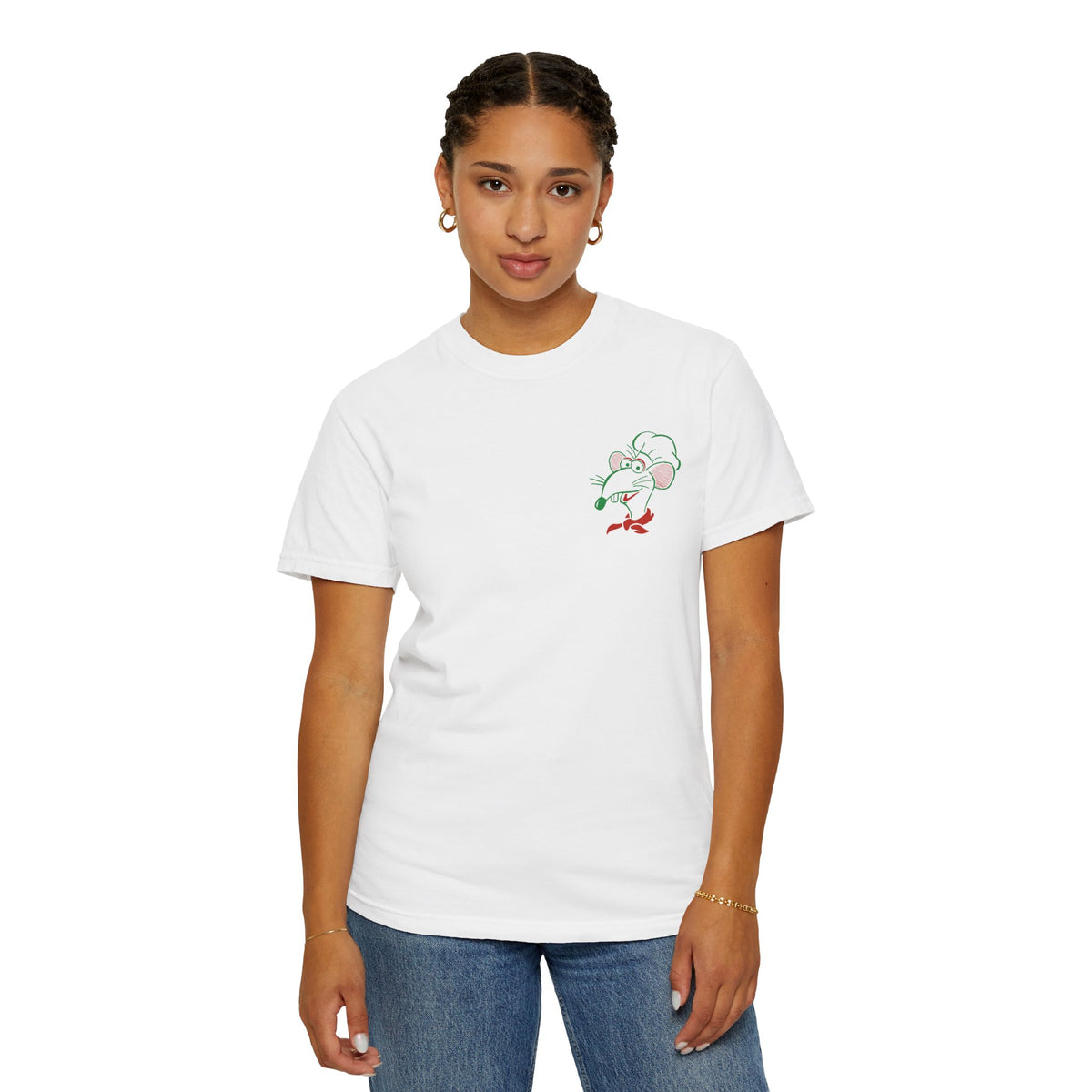 Theme park pizza rizzo employee delivery t-shirt, front graphic rizzo
