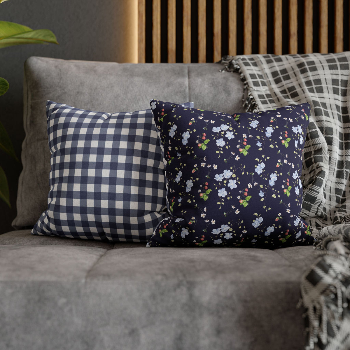 navy floral pattern double sided print pillowase, 14x14 and 16x16 navy floral and navy buffalo check pillowcase for indoor sparkle paperie house