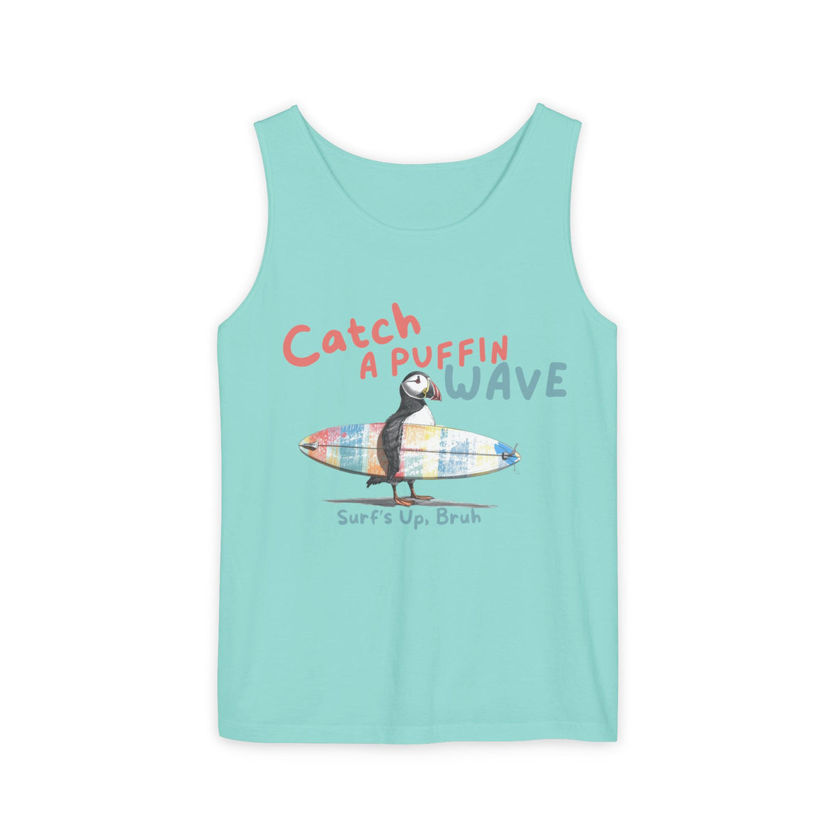 catch a puffin wave surfer tank top, puffin surfing tank top sparkle paperie house
