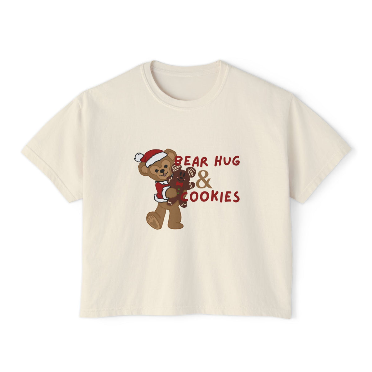 theme park christmas santa duffy hugging mouse gingerbread cookie with quote bear hug and cookies, women's boxy shirt