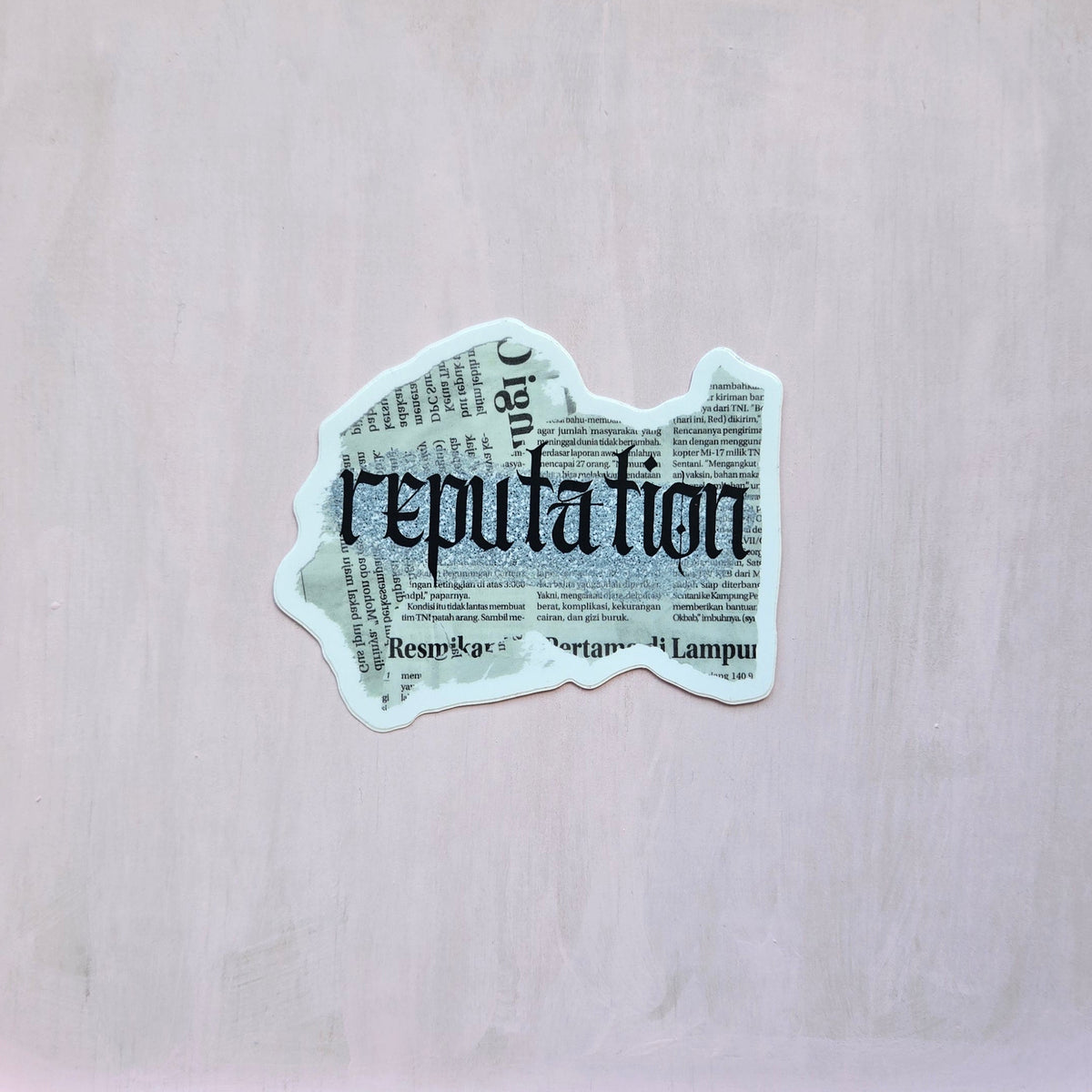 reputation glitter newspaper vinyl die cut sticker 3x3, sparkle paperie house