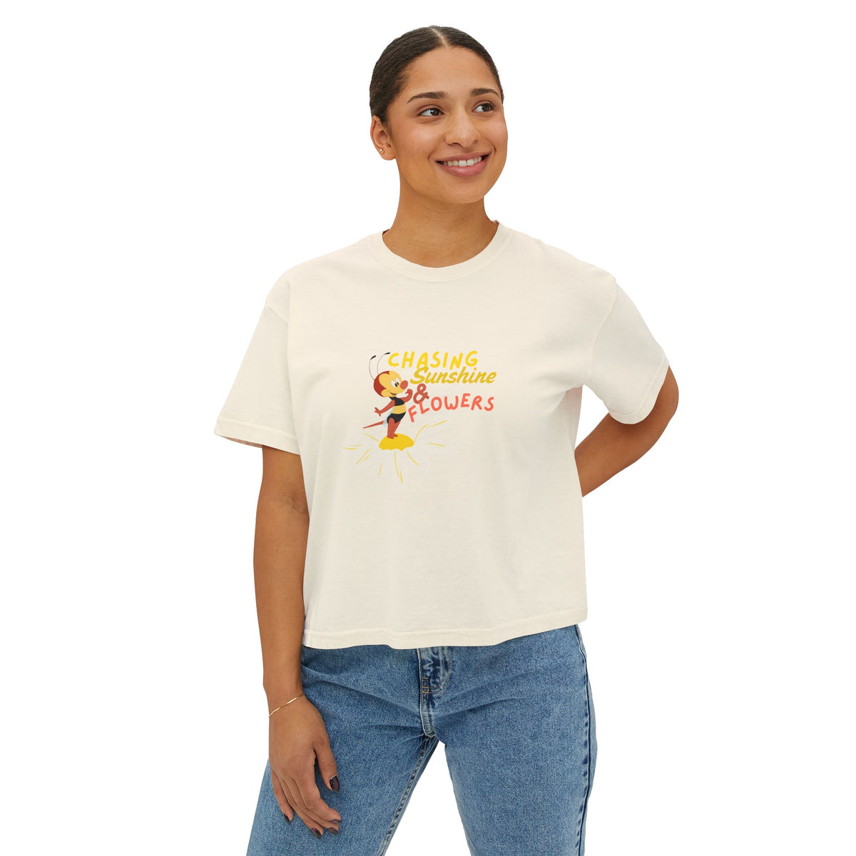 theme park women's boxy shirt, flower and garden festival, spikey bee chasing sunshine and flowers, sparkle paperie house