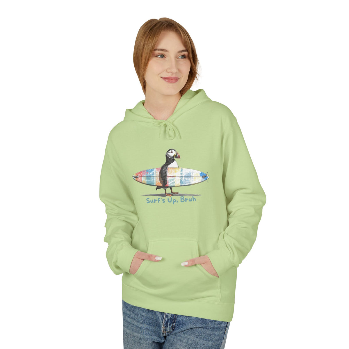 catch a puffin wave surfer hoodie, puffin surfing surf's up bruh hoodie, sparkle paperie house