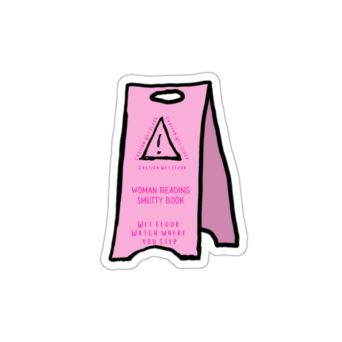 caution wet floor woman reading smutty book sticker, sparkle paperie house romance sticker