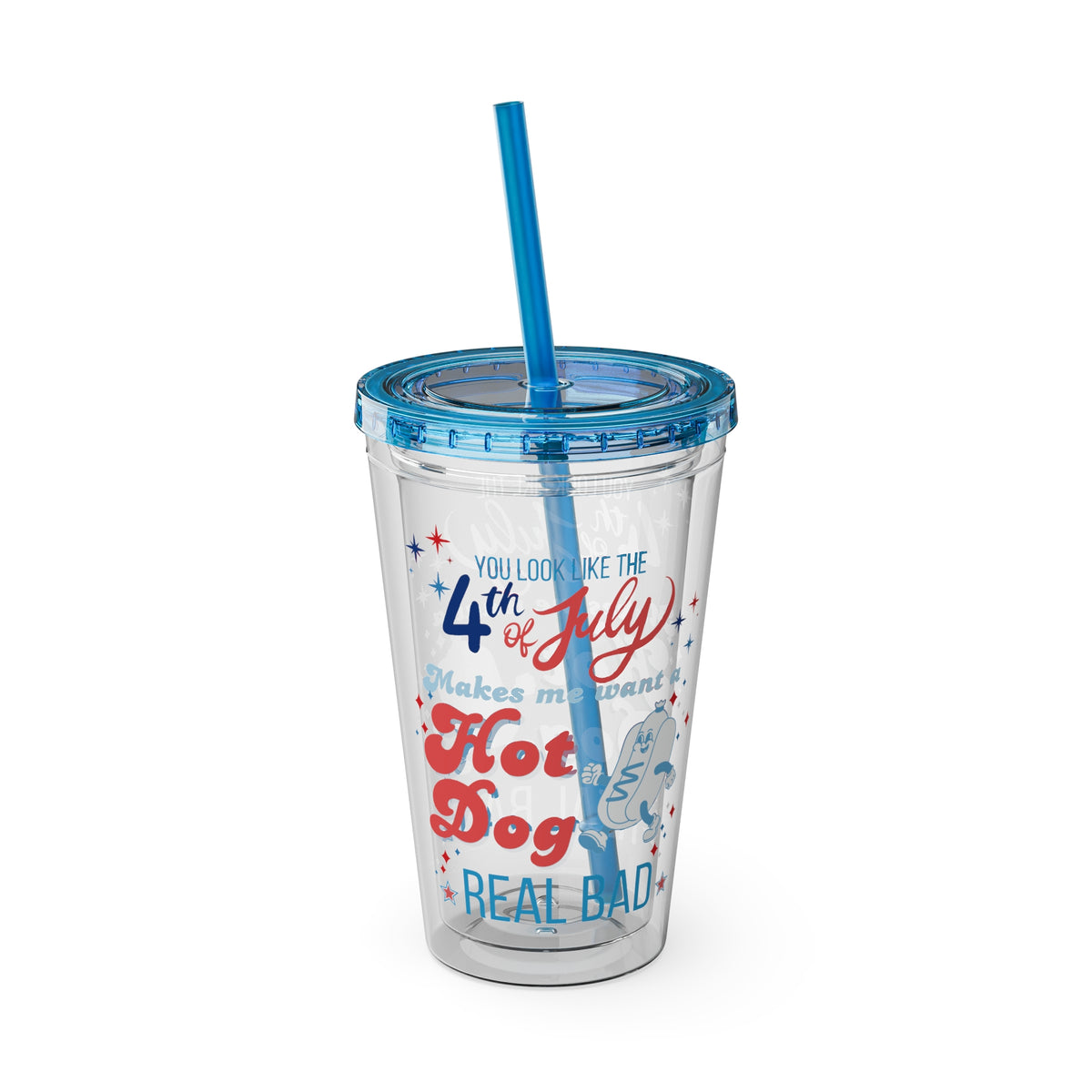 patriotic clear tumbler features you look like the 4th of july with hot dog graphic, patriotic tumbler sparkle paperie house