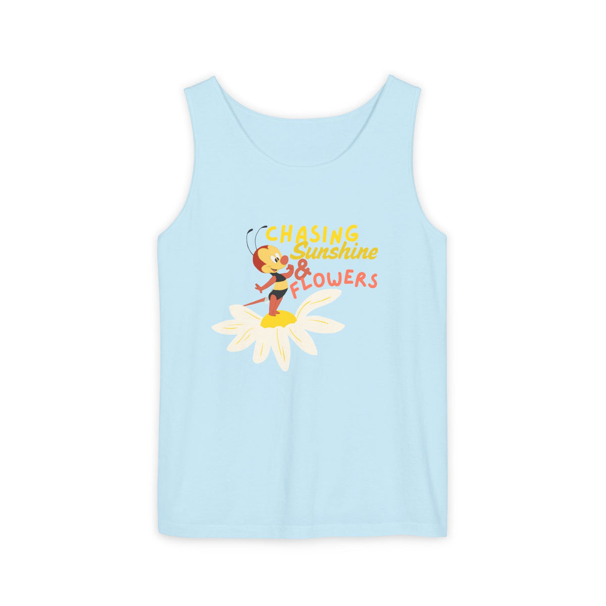 theme park flower and garden festival tank top, spike bee with chasing sunshine and flowers, sparkle paperie house