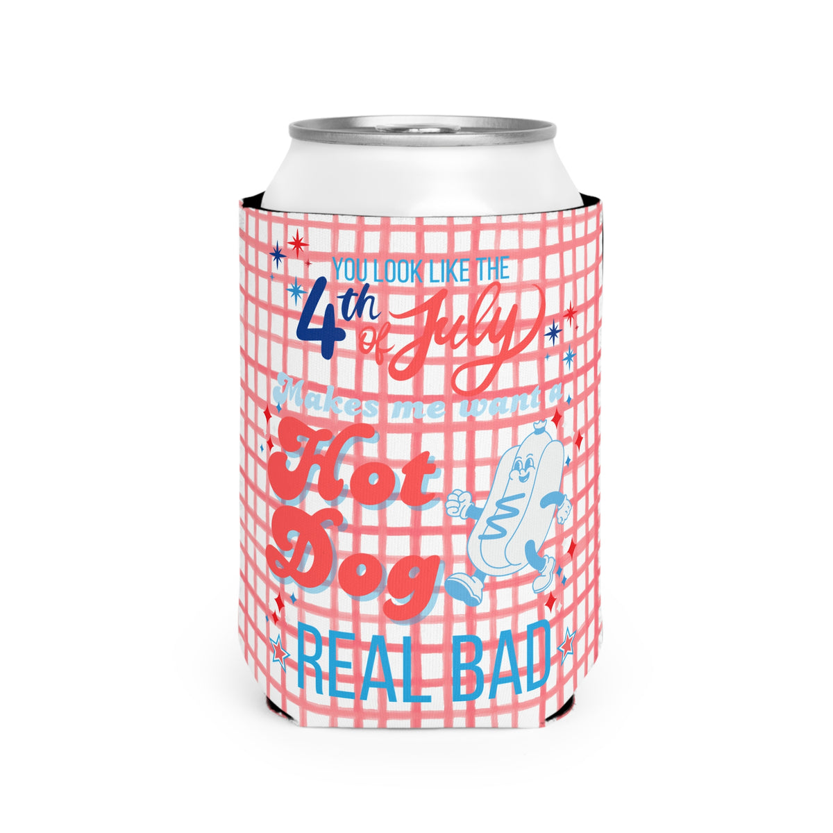 patriotic can cooler sleeve features you look like the 4th of july with hot dog graphic, sparkle paperie house