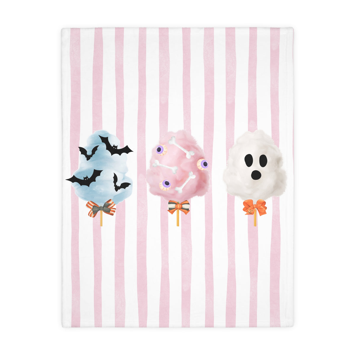 Spooky Halloween Cotton Candy Velveteen Two Sided Blanket, Pink and White stripe blanket with spooky cute Halloween cotton candy graphic, sparkle paperie house