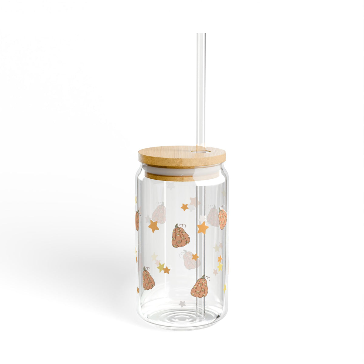 Groovy pumpkin pattern tumbler with wooden lid and straw, autumn pattern glass tumbler sparkle paperie house