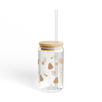 Groovy pumpkin pattern tumbler with wooden lid and straw, autumn pattern glass tumbler sparkle paperie house