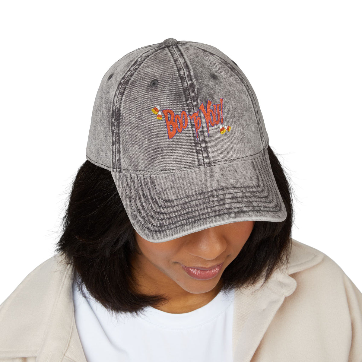 Boo too you Halloween embroidery baseball hat with candy corn details, sparkle paperie house