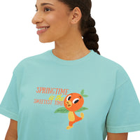theme park springtime is the sweetest time with orange birdie, women's boxy graphic shirt 