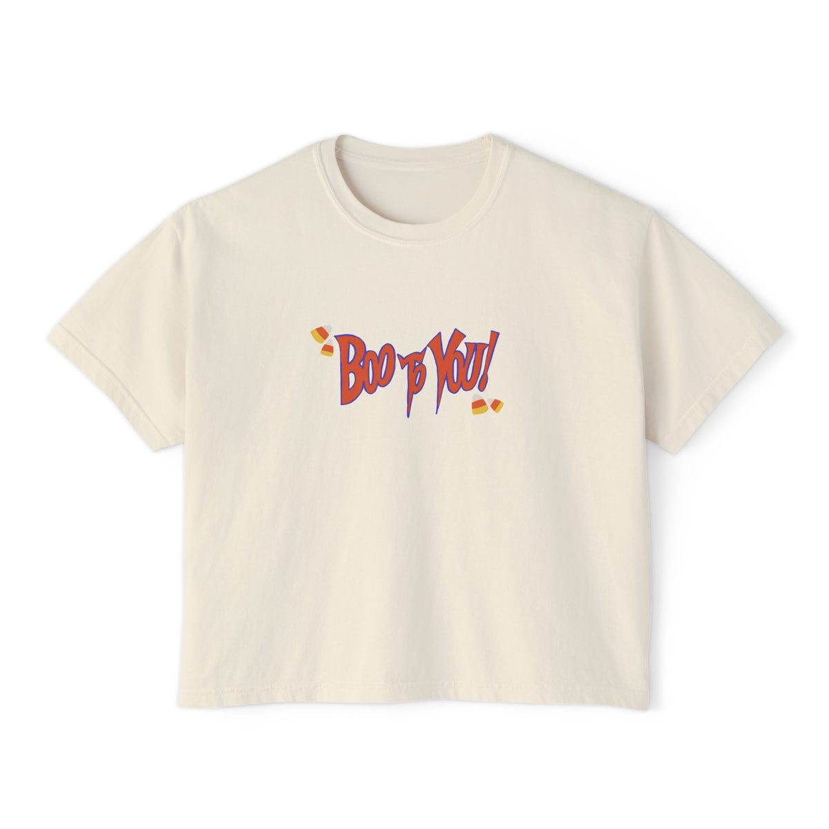 Boo too you Halloween Women Boxy Shirt with candy corn details, halloween boxy shirt sparkle paperie house 