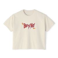 Boo too you Halloween Women Boxy Shirt with candy corn details, halloween boxy shirt sparkle paperie house 