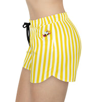 theme park yellow and white stripe shorts with spikey bee flying out of pocket detail, women shorts sparkle paperie house
