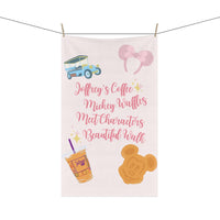 theme park cotton towel quote coffee, waffles, meet characters, and beautiful walk with graphics mouse ears, main street car, Joffrey's coffee, mouse waffle