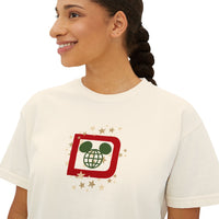 theme park christmas WDW red and green colors with stars, women's christmas boxy shirt