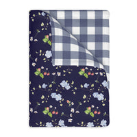 blue and white floral strawberry pattern blanket, navy floral pattern 40x30 throw blanket double sided print with navy buffalo check pattern blanket sparkle paperie house