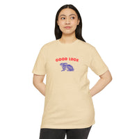 good luck rabbit graphic shirt, modern clean red color good luck with a blue color rabbit graphic t-shirt sparkle paperie house