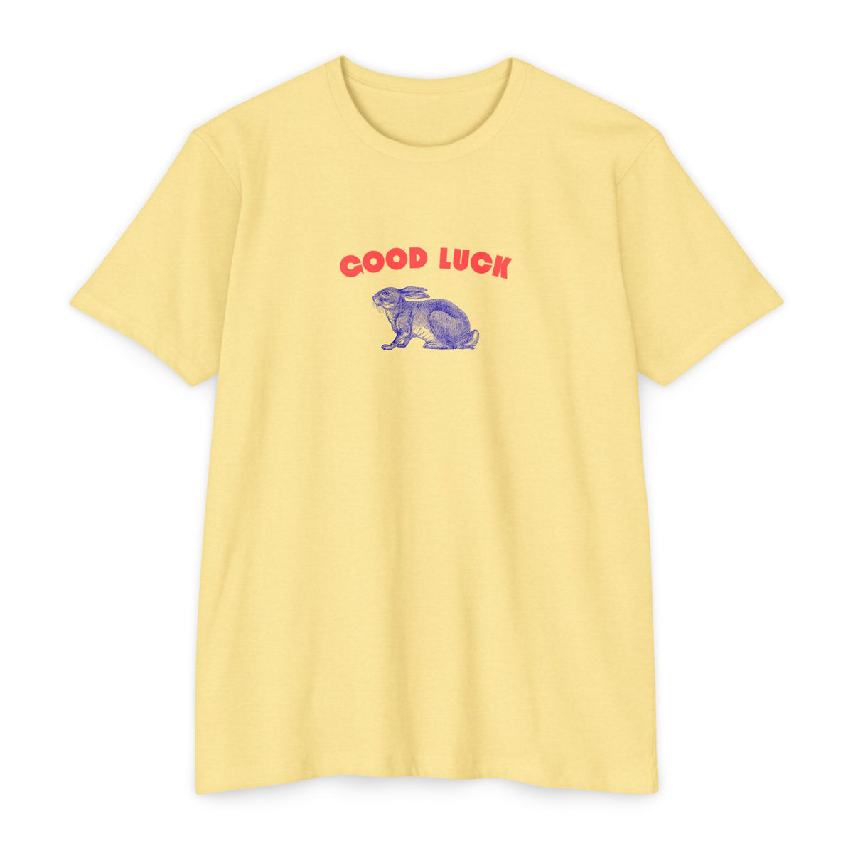 good luck rabbit graphic shirt, modern clean red color good luck with a blue color rabbit graphic t-shirt sparkle paperie house