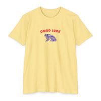 good luck rabbit graphic shirt, modern clean red color good luck with a blue color rabbit graphic t-shirt sparkle paperie house