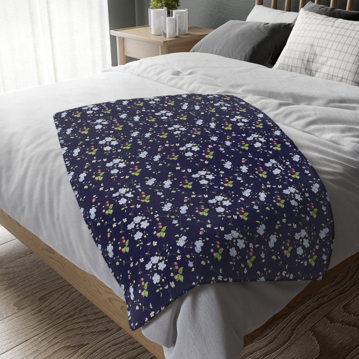 blue and white floral strawberry pattern blanket, navy floral pattern 40x30 throw blanket double sided print with navy buffalo check pattern blanket sparkle paperie house