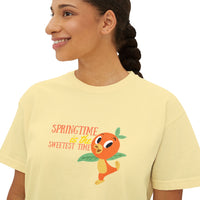 theme park springtime is the sweetest time with orange birdie, women's boxy graphic shirt 
