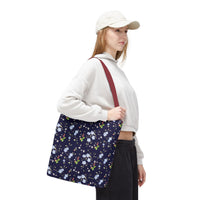 navy strawberry floral pattern tote bag, spring tote bag sparkle paperie house