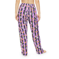 Boo too you halloween pattern women pajama pants with purple and black stripes, sparkle paperie house