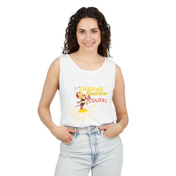Enchanted Garden Festival Buzzing Bee Chasing Sunshine & Flowers Unisex Garment-Dyed Tank Top