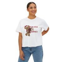theme park christmas santa duffy hugging mouse gingerbread cookie with quote bear hug and cookies, women's boxy shirt
