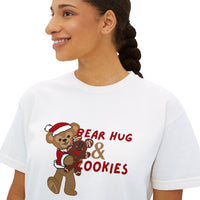 theme park christmas santa duffy hugging mouse gingerbread cookie with quote bear hug and cookies, women's boxy shirt