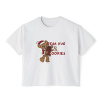 theme park christmas santa duffy hugging mouse gingerbread cookie with quote bear hug and cookies, women's boxy shirt