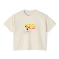 theme park women's boxy shirt, flower and garden festival, spikey bee chasing sunshine and flowers, sparkle paperie house