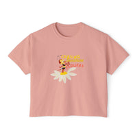 theme park women's boxy shirt, flower and garden festival, spikey bee chasing sunshine and flowers, sparkle paperie house