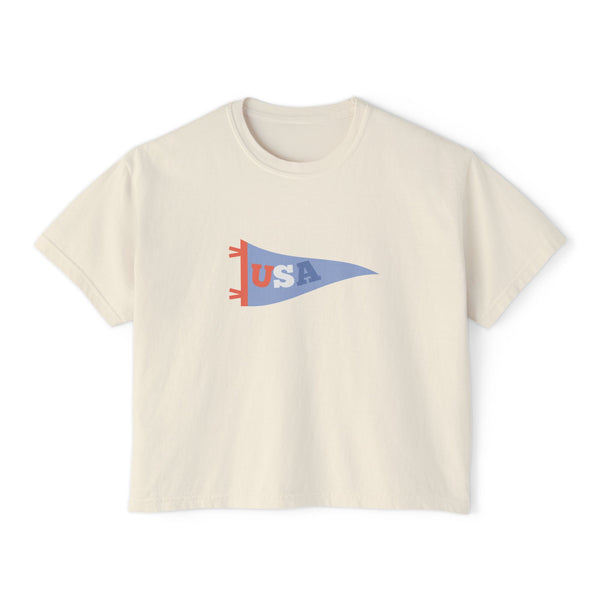 Patriotic Blue, Red, & White USA Flag  Graphic Women's Boxy Tee