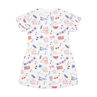 white background dress with patriotic pattern, women's 4th of july dress