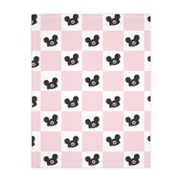 Theme Park Mouse Ears & Pink Checker Pattern Velveteen Microfiber Blanket Two-sided Print