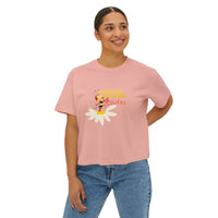 theme park women's boxy shirt, flower and garden festival, spikey bee chasing sunshine and flowers, sparkle paperie house