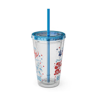 patriotic clear tumbler features you look like the 4th of july with hot dog graphic, patriotic tumbler sparkle paperie house