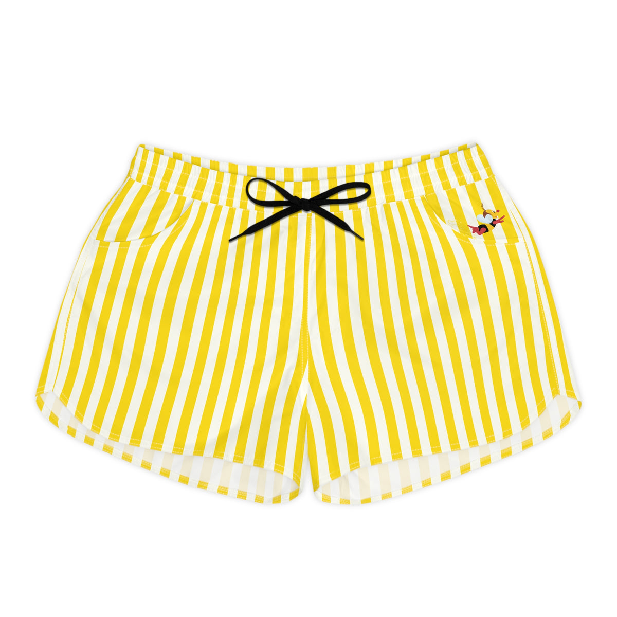 theme park yellow and white stripe shorts with spikey bee flying out of pocket detail, women shorts sparkle paperie house