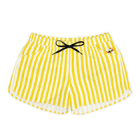 theme park yellow and white stripe shorts with spikey bee flying out of pocket detail, women shorts sparkle paperie house