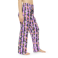 Boo too you halloween pattern women pajama pants with purple and black stripes, sparkle paperie house