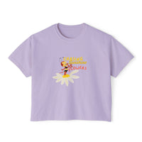 theme park women's boxy shirt, flower and garden festival, spikey bee chasing sunshine and flowers, sparkle paperie house