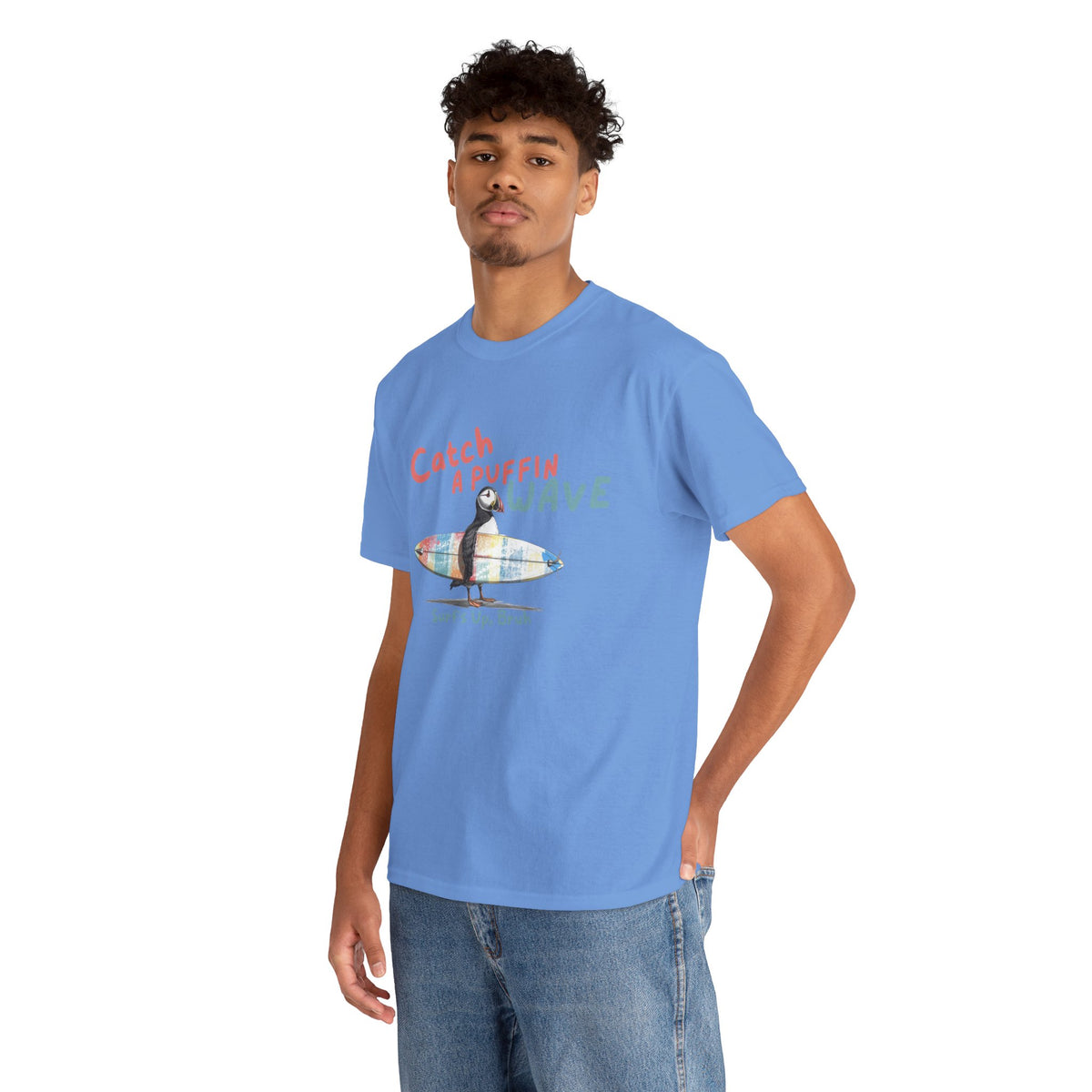 catch a puffin wave surfer t-shirt, puffin surfing t-shirt sparkle paperie house