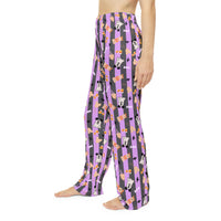 Boo too you halloween pattern women pajama pants with purple and black stripes, sparkle paperie house
