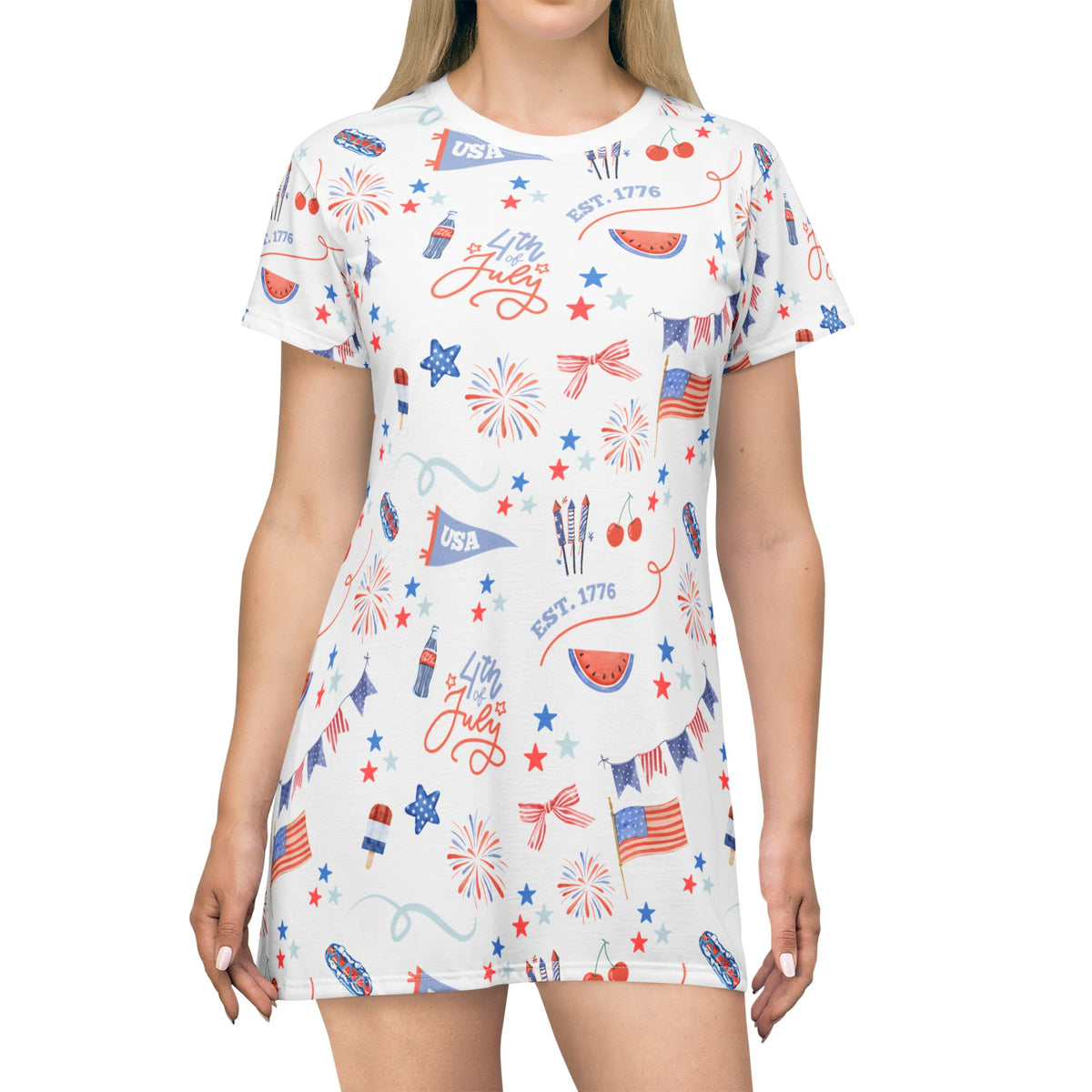 white background dress with patriotic pattern, women's 4th of july dress