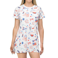 white background dress with patriotic pattern, women's 4th of july dress