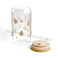 Groovy pumpkin pattern tumbler with wooden lid and straw, autumn pattern glass tumbler sparkle paperie house