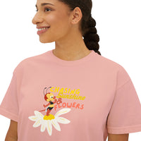 theme park women's boxy shirt, flower and garden festival, spikey bee chasing sunshine and flowers, sparkle paperie house